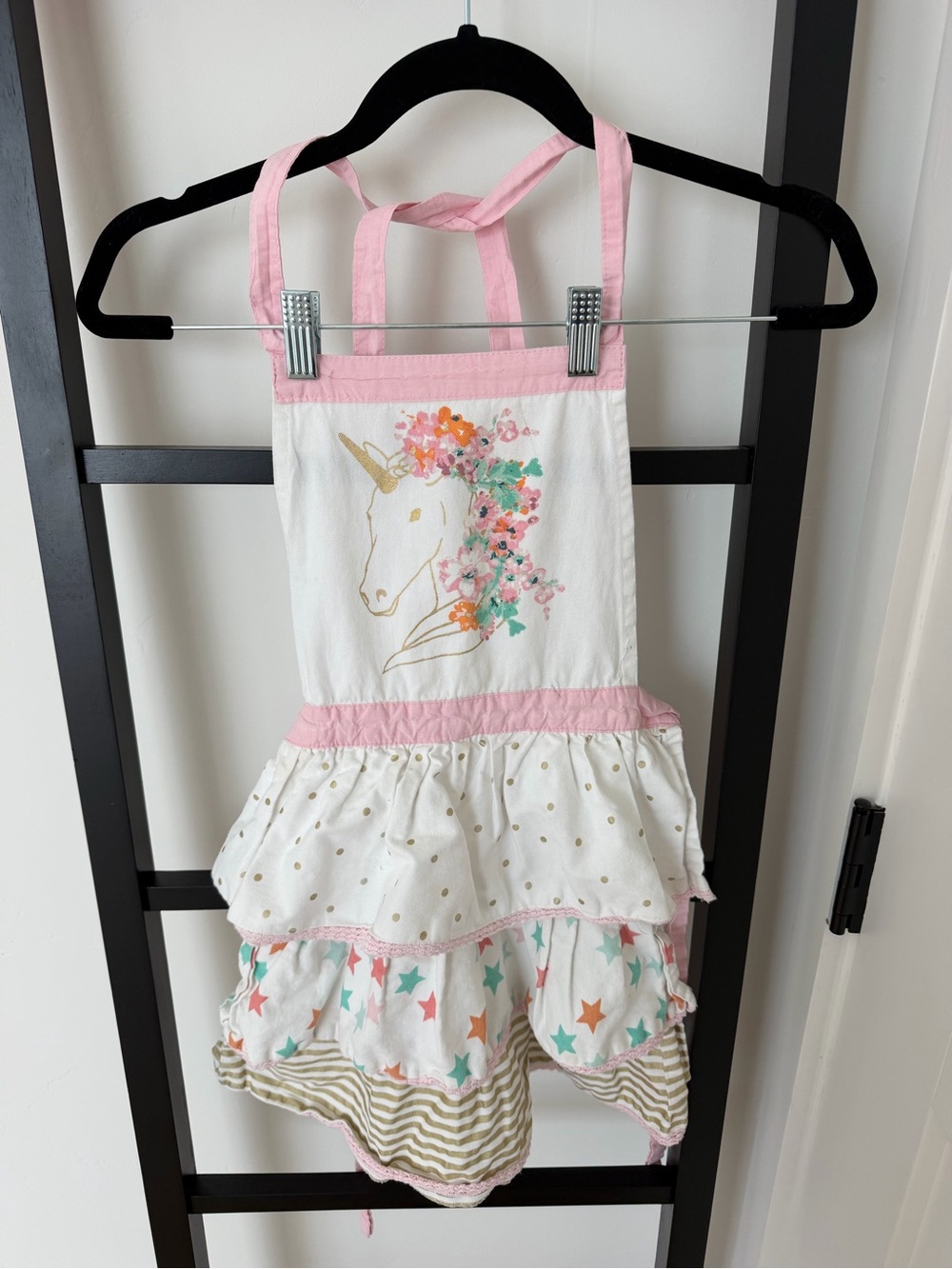 Girls' Unicorn Ruffle Apron with ties - Pink & White
